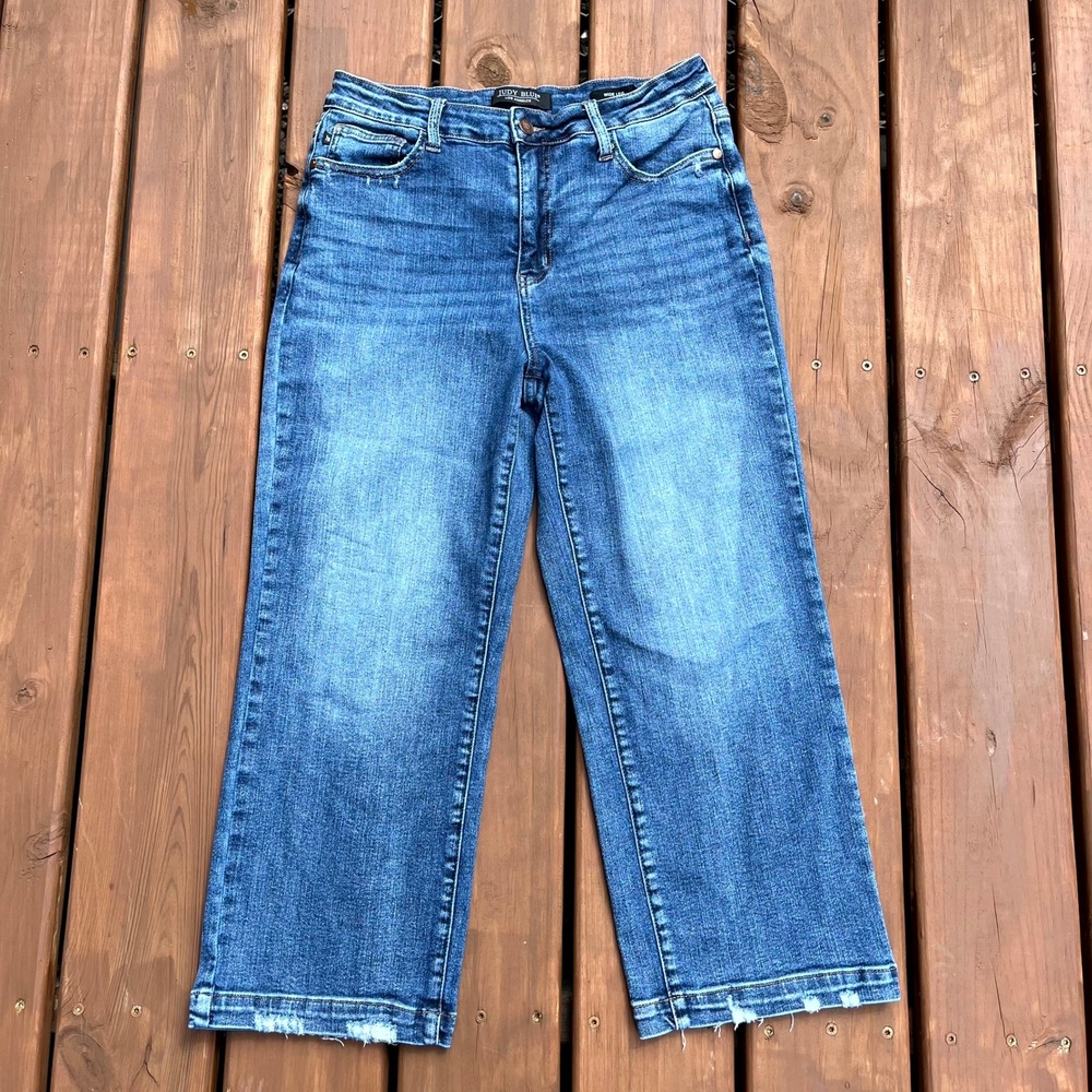 Judy Blue Jeans Crop Wide Leg Blue Stretch Denim Distressed Raw Hem Women 11/30